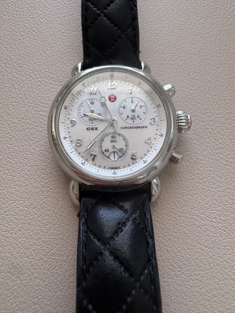 Mw Csx Chronograph Silver Dial Black Quilted Leather Strap Watch